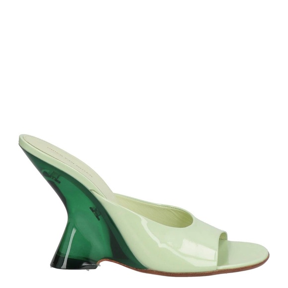 Dries Van Noten Shoes - Dries Van Noten celery patent leather peep-toe emerald lucite 110mm wedges